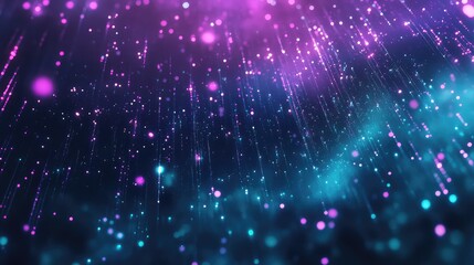 Obraz premium Illuminating digital stream of neon particles and bokeh glow in a dark futuristic cyberspace, vibrant purple, blue and teal lights creating motion, shimmer and network energy