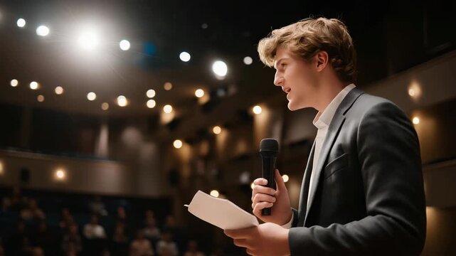 A student stepping onto a debate platform in a university hall, spotlight casting confidence as the audience waits in hushed anticipation &mdash; academic excellence, public speaking, and personal