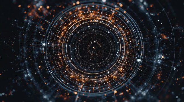Big Data complex round graph animation. Top view on quantum computing universe. Cyber space of AI technology. Futuristic graph. Digital information presentation