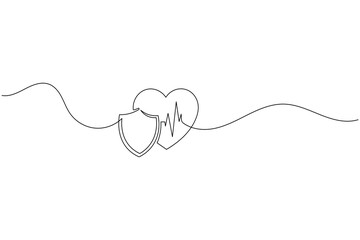 Continuous Line Art Heart with Shield and Pulse  Health Protection