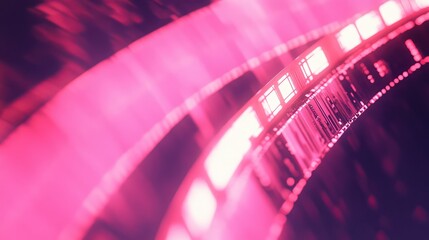 Curving film reels with vibrant pink light and motion blur symbolizing the process of cinematic creation, storytelling, entertainment, and digital media production