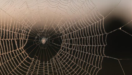 Naklejka premium Spiderweb glistening with morning dew, a natural trap.