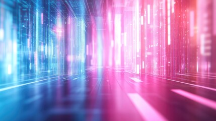 Abstract digital tunnel featuring vibrant blue and pink neon light gradients, presenting a futuristic corridor of data streams and network connections for technological concepts