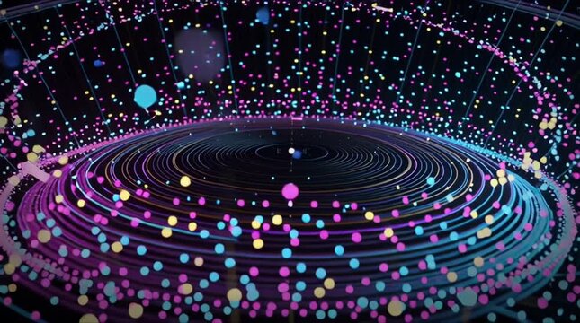 Big Data complex round graph animation. Top view on quantum computing universe. Cyber space of AI technology. Futuristic graph. Digital information presentation