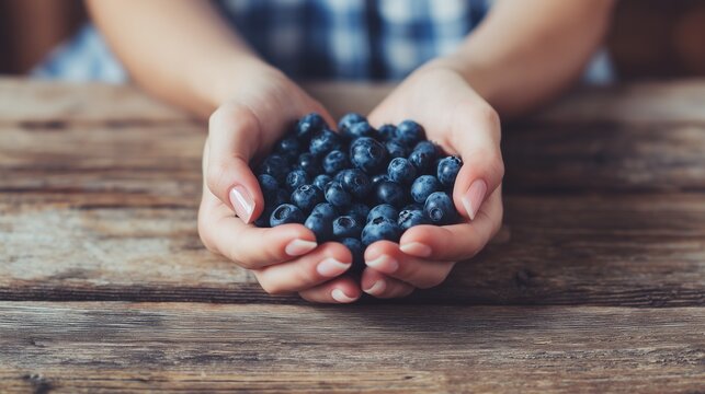 Female hands gently holding handful of blueberries over rustic surface - Powered by Adobe