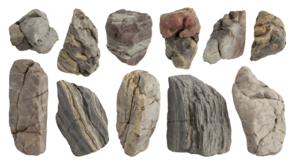 Collection of weathered driftwood pieces isolated on transparent background