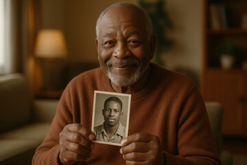 Elderly man cherishing memories holding vintage portrait in cozy living room setting. Black History Month