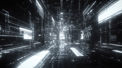Abstract technology background showing bright light lines and glowing information panels moving through a dark digital computing tunnel, representing global connection and data transfer