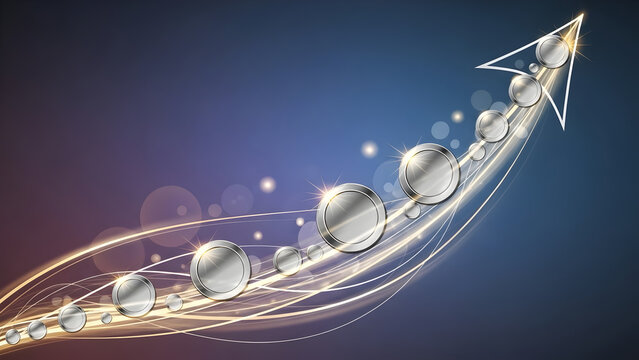 Silver spheres on an upward arrow graph representing financial growth and success with glowing light streaks on a gradient background