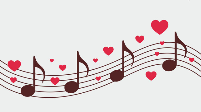 Dark red musical notes and hearts on white background, minimalist flat vector design for love song or music concept