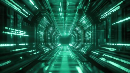 Futuristic digital tunnel generating visual data streams and glowing lines, symbolizing high speed network connections, artificial intelligence, and advanced technology concepts