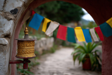 A golden prayer wheel stands under colorful prayer flags amidst a serene pathway, representing peace, spirituality, and cultural traditions.