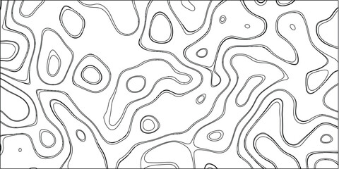 Abstract black and white contour lines forming organic shapes and circular patterns on a white background, representing a topographic map or cellular structure, ideal for science and design