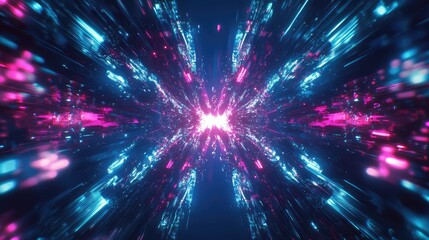 Obraz premium Abstract digital lights streaming through a futuristic tunnel, creating an illusion of speed and connectivity, representing data flow, network communication, and technological advancement