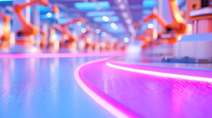 Futuristic highly automated industrial factory interior clear illuminated blue pathway robotics