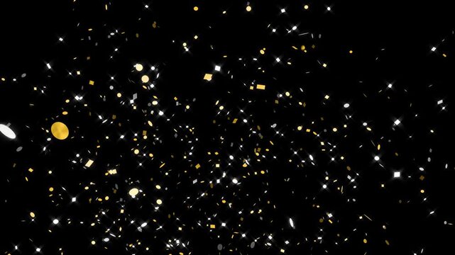Double explosion of gold and silver confetti on transparent background.