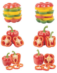 Vibrant display of fresh whole, halved, and sliced bell peppers in red, yellow, and green colors on a white background