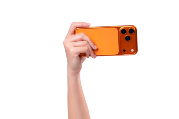 A hand elegantly holding a bright orange, modern smartphone against a blank background conveys the message of cutting-edge technology and digital connectivity.
