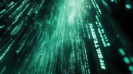 Digital data streams are flowing rapidly across a dark background, representing abstract information transfer, futuristic big data, network communication, and virtual reality concepts