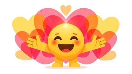 Fototapeta premium Happy Emoji Character with Open Arms and Hearts Background.