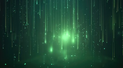 Futuristic abstract background featuring glowing green light lines and particles flowing downwards, representing concepts of data, technology, digital networks, and energy flow