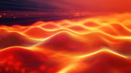 Abstract network of glowing red and orange particles forming a dynamic, undulating wave surface, representing data flow and technological connections in a futuristic environment
