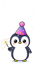 Cute penguin in party hat holding sparkler on snowy day celebration