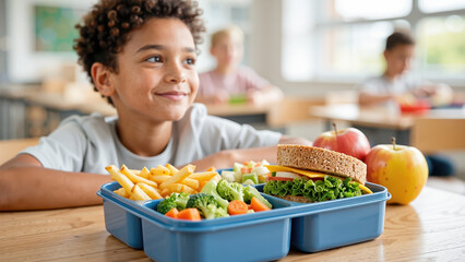 school student sitting at desk with a lunch box full of fries, vegetables, and a sandwich, showing a typical classroom lunchtime moment