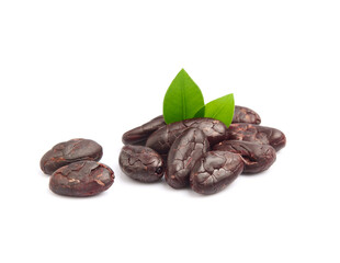 Cacao beans with leaves