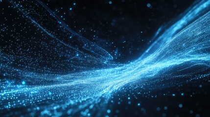Blue digital particles creating a dynamic, abstract wave, representing data streams, communication networks, or energetic connections in a technological and futuristic context