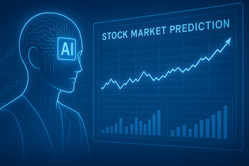 Artificial intelligence analyzing stock market prediction with upward trending graph and bar charts, digital futuristic concept