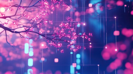 Cherry blossom branches illuminated by vibrant pink light intertwining with abstract glowing lines and squares, symbolizing the fusion of nature and advanced technology in a futuristic setting