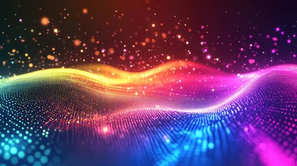 Abstract background presenting a colorful digital particle grid flowing in a dynamic wave pattern, representing data visualization and technological connection
