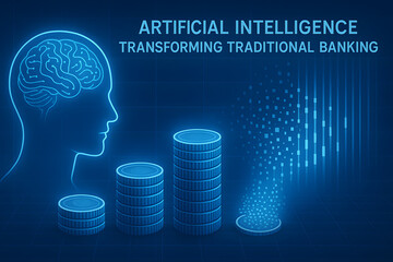 Artificial intelligence transforming traditional banking concept with digital brain outline and growing coin stacks
