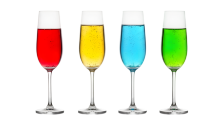 Four colorful carbonated cocktails in champagne glasses red yellow blue and green Isolated on transparent background