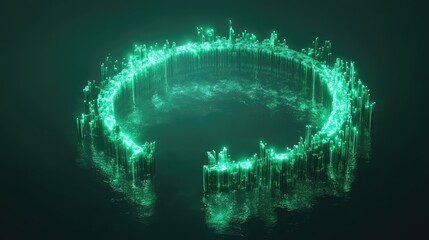 Vibrant green glowing bars forming a broken circle in an abstract digital landscape, representing energy, science, or a futuristic interface with interconnected information