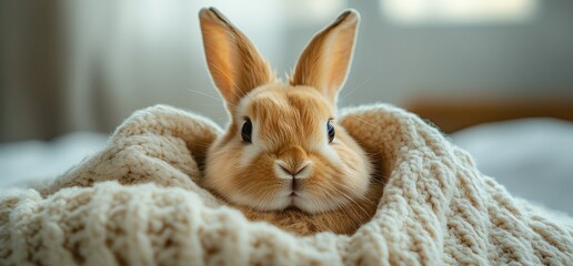 Adorable bunny wrapped in a cozy blanket, looking at the camera.
