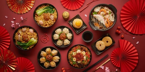 Variety of chinese food dishes on a red table with decorations