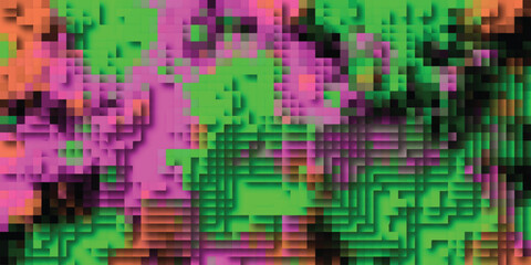 Abstract pixelated mosaic with vibrant pink green and orange squares creating a textured digital art pattern with depth and shadow effects