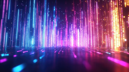 Abstract background featuring glowing vertical lines of digital data streaming upwards, creating a vibrant, dynamic, and futuristic scene with a strong sense of connectivity and technology