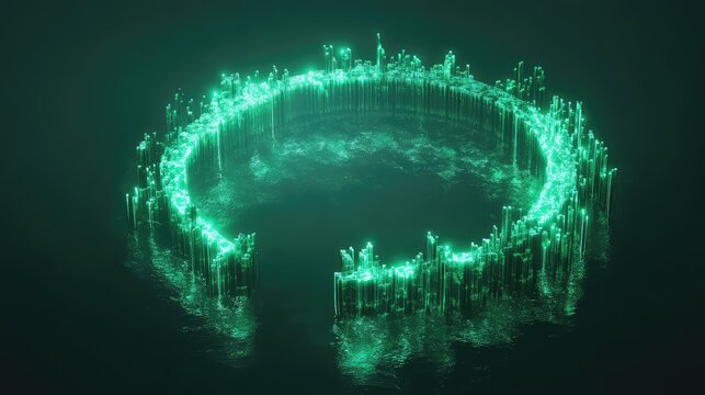 Vibrant green glowing bars forming a broken circle in an abstract digital landscape, representing energy, science, or a futuristic interface with interconnected information - Powered by Adobe