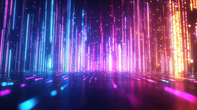 Abstract background featuring glowing vertical lines of digital data streaming upwards, creating a vibrant, dynamic, and futuristic scene with a strong sense of connectivity and technology - Powered by Adobe
