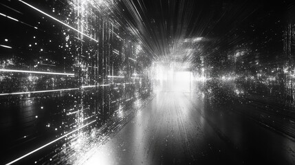 Abstract tunnel representing big data flow and artificial intelligence processing information with glowing particles and lines connecting through a dark cyber space