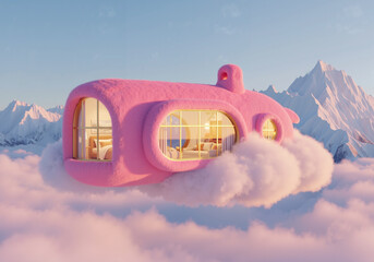 Surreal pink dream house floating on a cloud with a cozy interior in a fantasy mountain landscape.