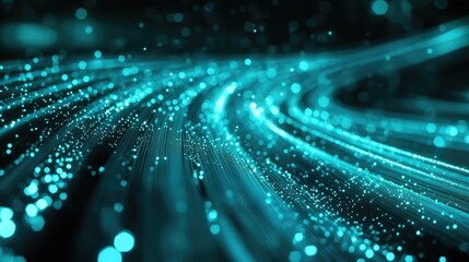 Bright blue cyan fiber optic streams with glowing particles symbolizing high speed data transfer, global communication, and futuristic digital network connections in cyberspace