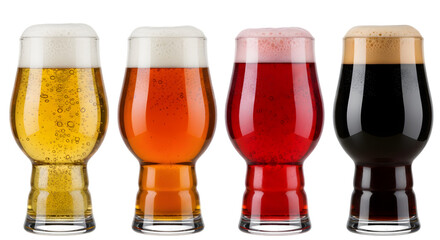Set of Four Craft Beer Glasses with Different Varieties including Lager, Ale, IPA, and Stout Isolated on transparent background