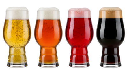 Set of Four Craft Beer Glasses with Different Varieties including Lager, Ale, IPA, and Stout Isolated on transparent background