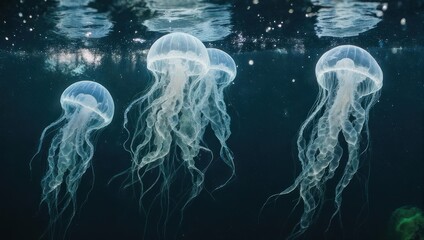 Fototapeta premium Graceful jellyfish dance in the deep blue sea, a mesmerizing aquatic ballet.