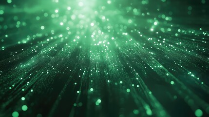 Green glowing particles forming an abstract data stream, representing technology, communication, and information flow with a futuristic digital network connection background