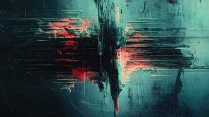 Abstract digital background showing data processing with vibrant red and cyan light trails creating a corrupted, distorted, and damaged effect across a circuit like texture